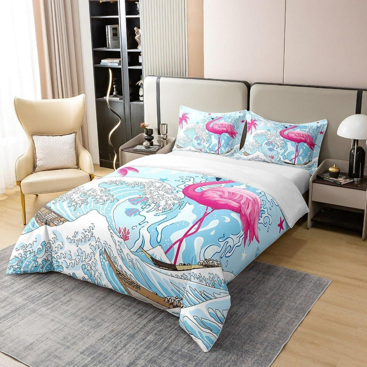 Rosa Flamingo Bettbezug 155x220 – Bio-Baumwolle & Ozean Design