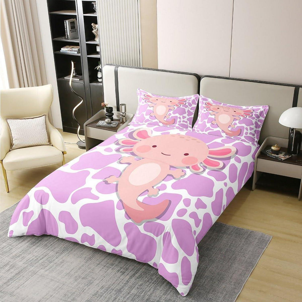 Kawaii Axolotl Baumwoll Bettbezug Set 200x200 mit Kissenbezügen