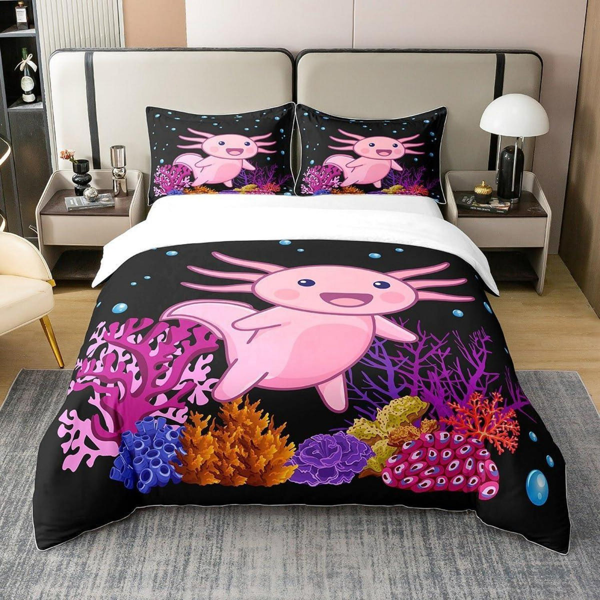Axolotl Bettwäsche Set 220x240 Baumwolle Kawaii Unterwasserwelt