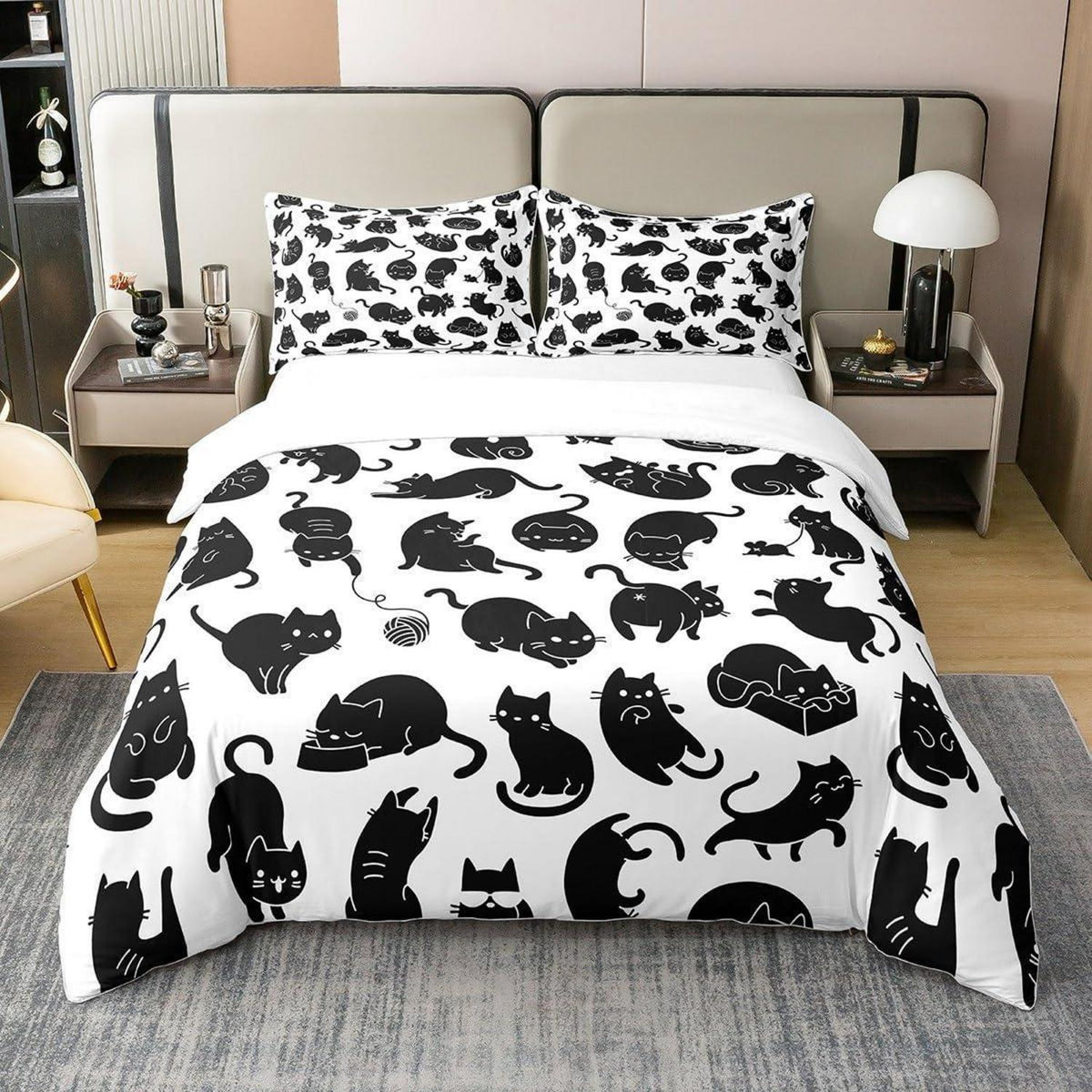 Schwarzer Katzen Bettbezug Set 155x220 – Bio Baumwolle