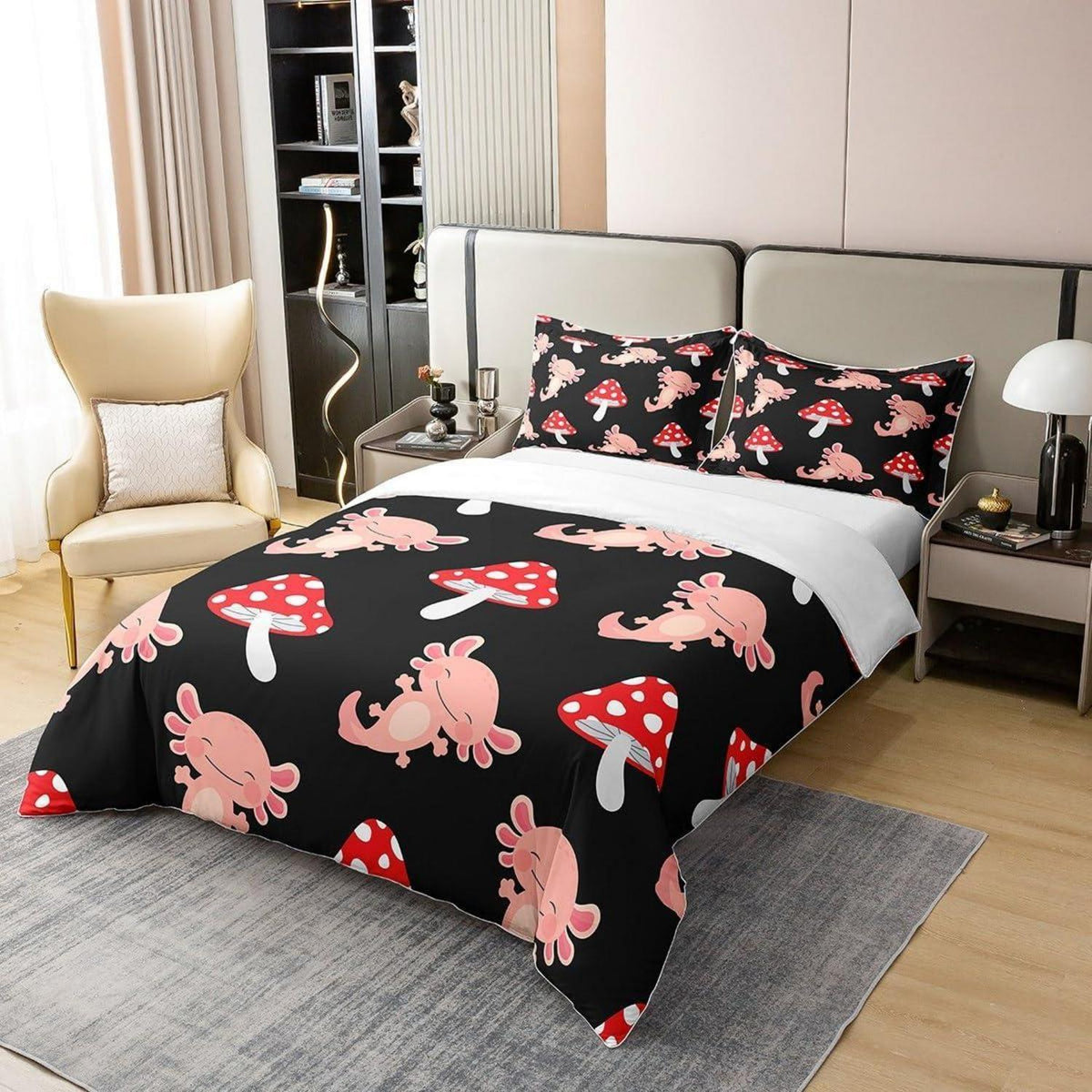 Kawaii Pilz & Axolotl Bettwäsche Set 200x200 Baumwolle