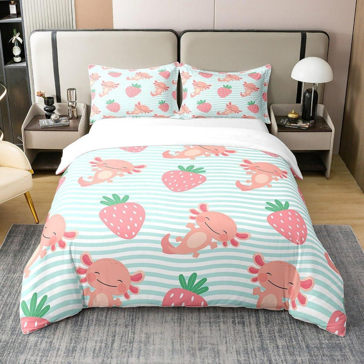 Kawaii Erdbeer & Axolotl Bettwäsche Set 135x200 Baumwolle