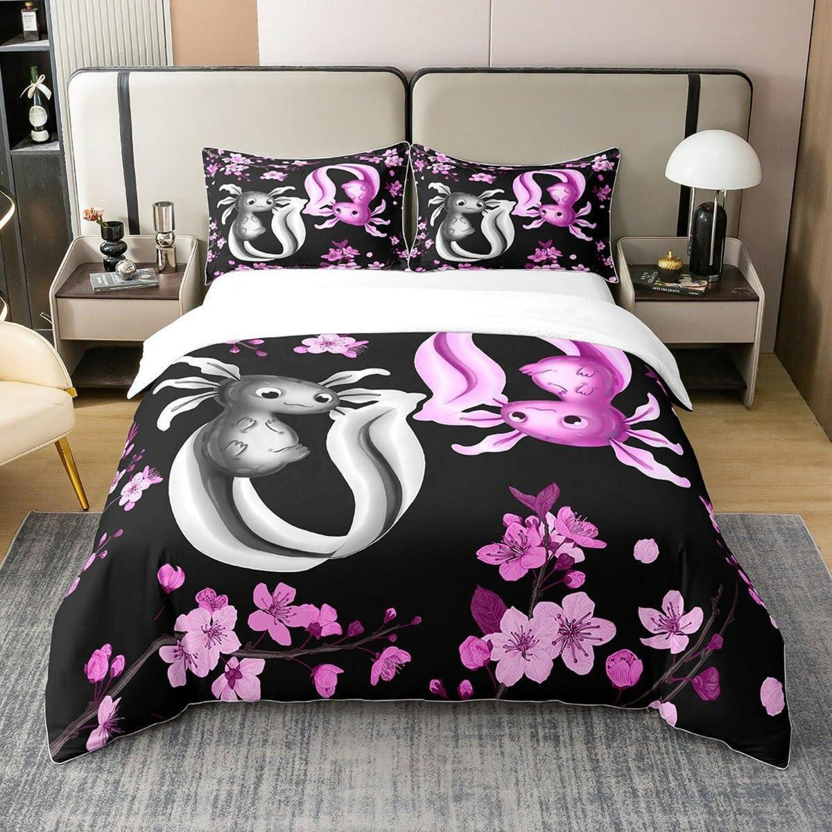 Kawaii Axolotl Bettwäsche Set 155x220 Baumwolle Rosa Schwarz