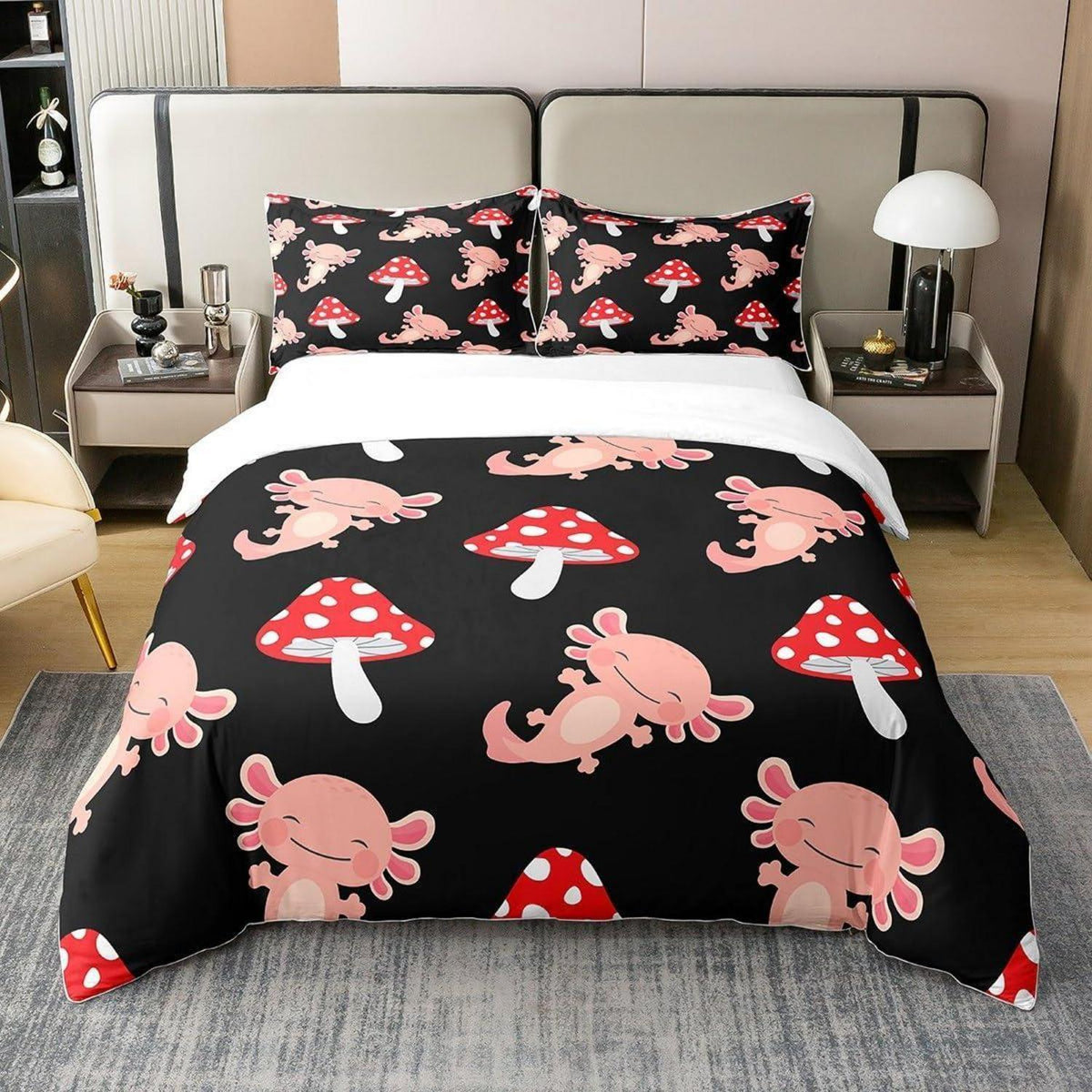 Kawaii Axolotl Bettwäsche Set 155x220 – Rosa Pilz Baumwolle