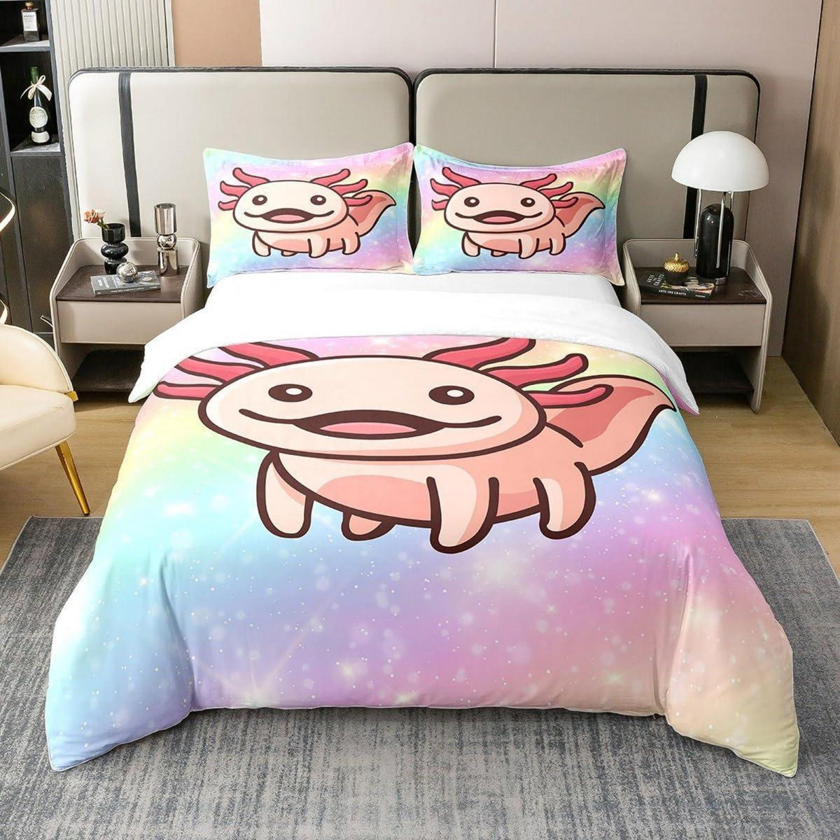 Axolotl Baumwoll Bettbezug Set Pastell Regenbogen Sternenhimmel