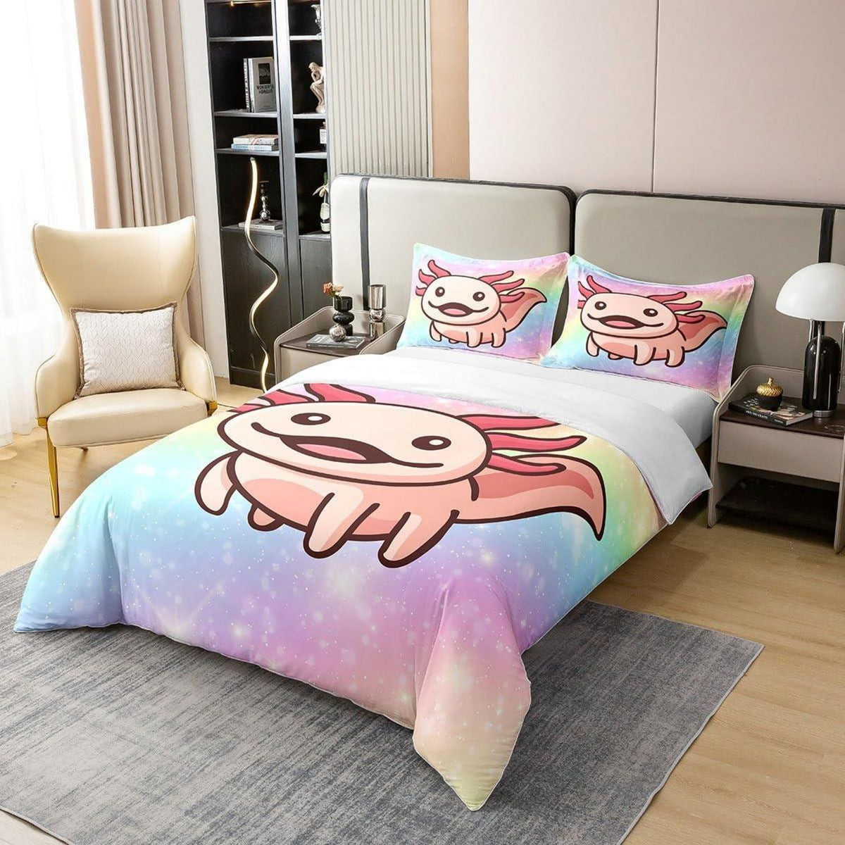 Axolotl Baumwoll Bettbezug Set Pastell Regenbogen Sternenhimmel