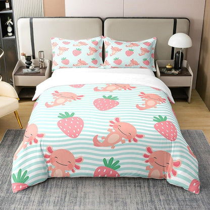 Kawaii Erdbeer & Axolotl Bettwäsche Set 220x240 Baumwolle