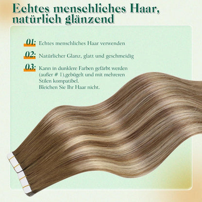 Echthaar Tape Extensions Braun Balayage Ombre Mittelblond