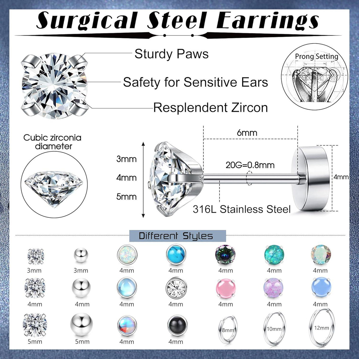 21Pairs Chirurgenstahl Damen Ohrringe Set Zirkonia Opal