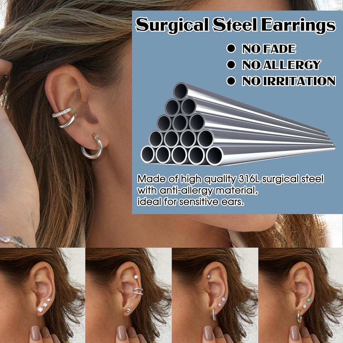 21Pairs Kleine Ohrstecker Chirurgenstahl Damen Zirkonia Opal Mondstein Knorpel Ohrstecker Set