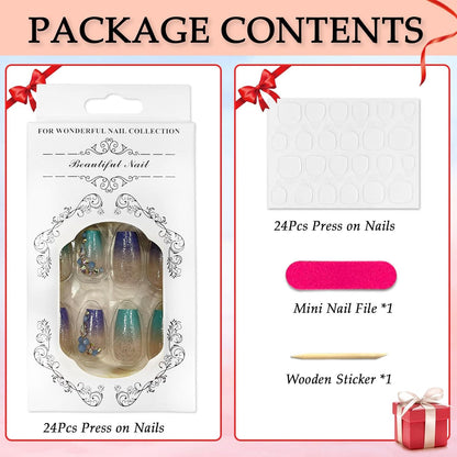 24 Stück Mittel Sarg Lila Blau Farbverlauf Press on Nails Strass Design