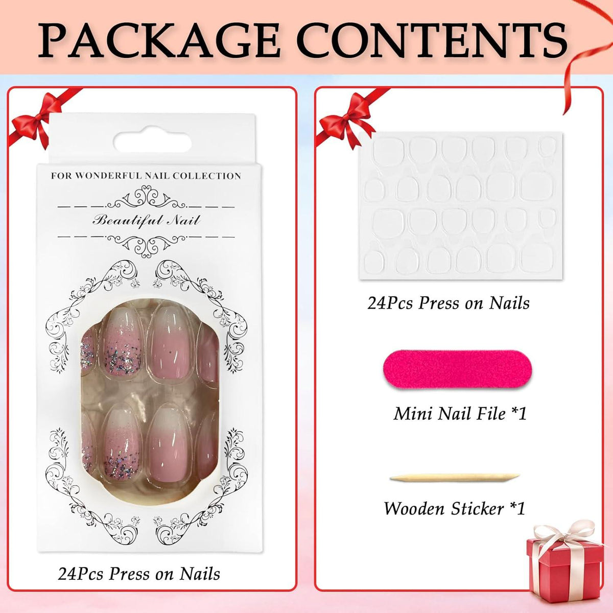 24 Stück Künstliche Nägel Rosa Weiß Farbverlauf Acryl Aufkleben Press on Nails