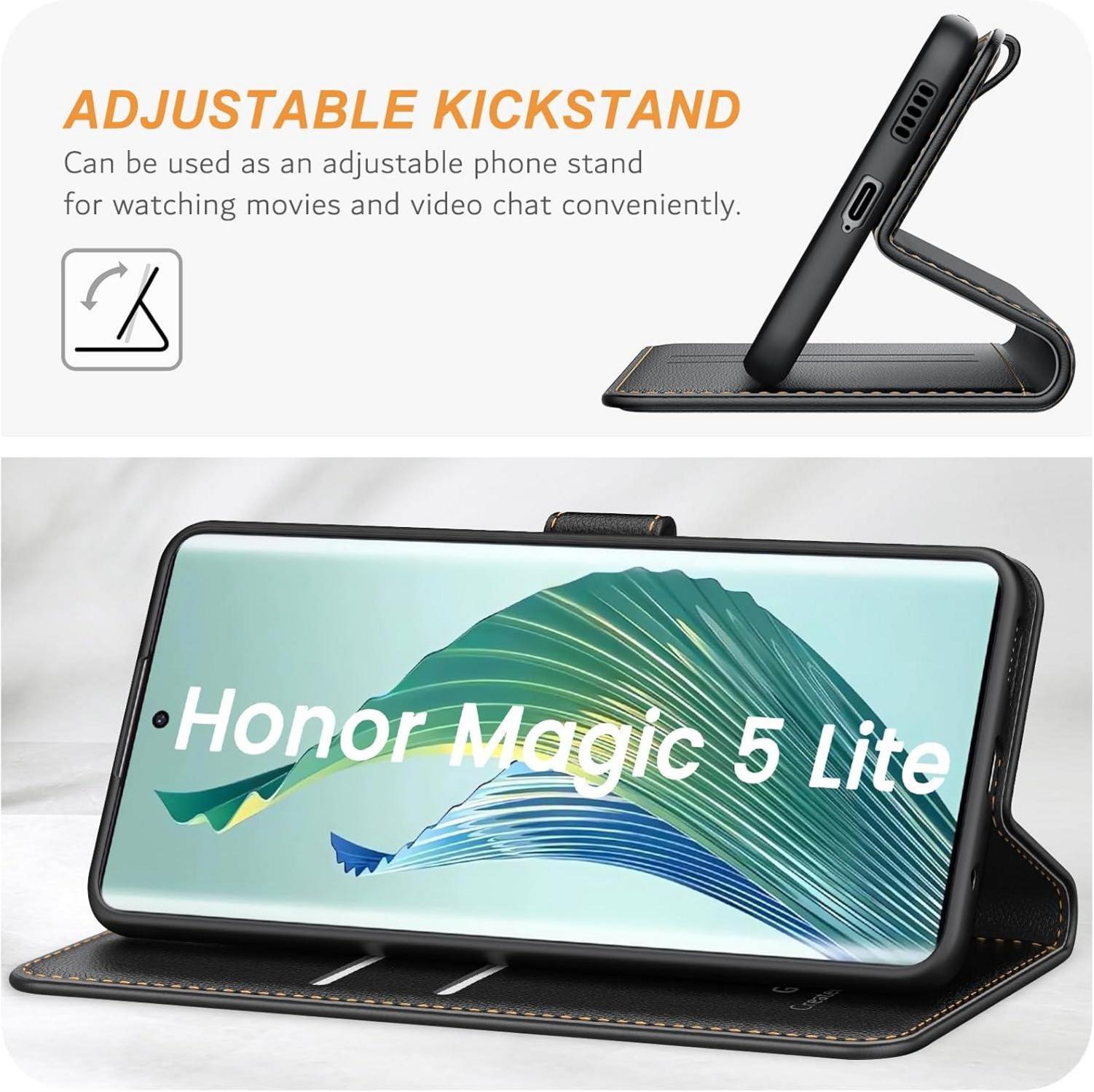 Ganbary Handyhülle Honor Magic5 Lite Leder Schwarz Standfunktion