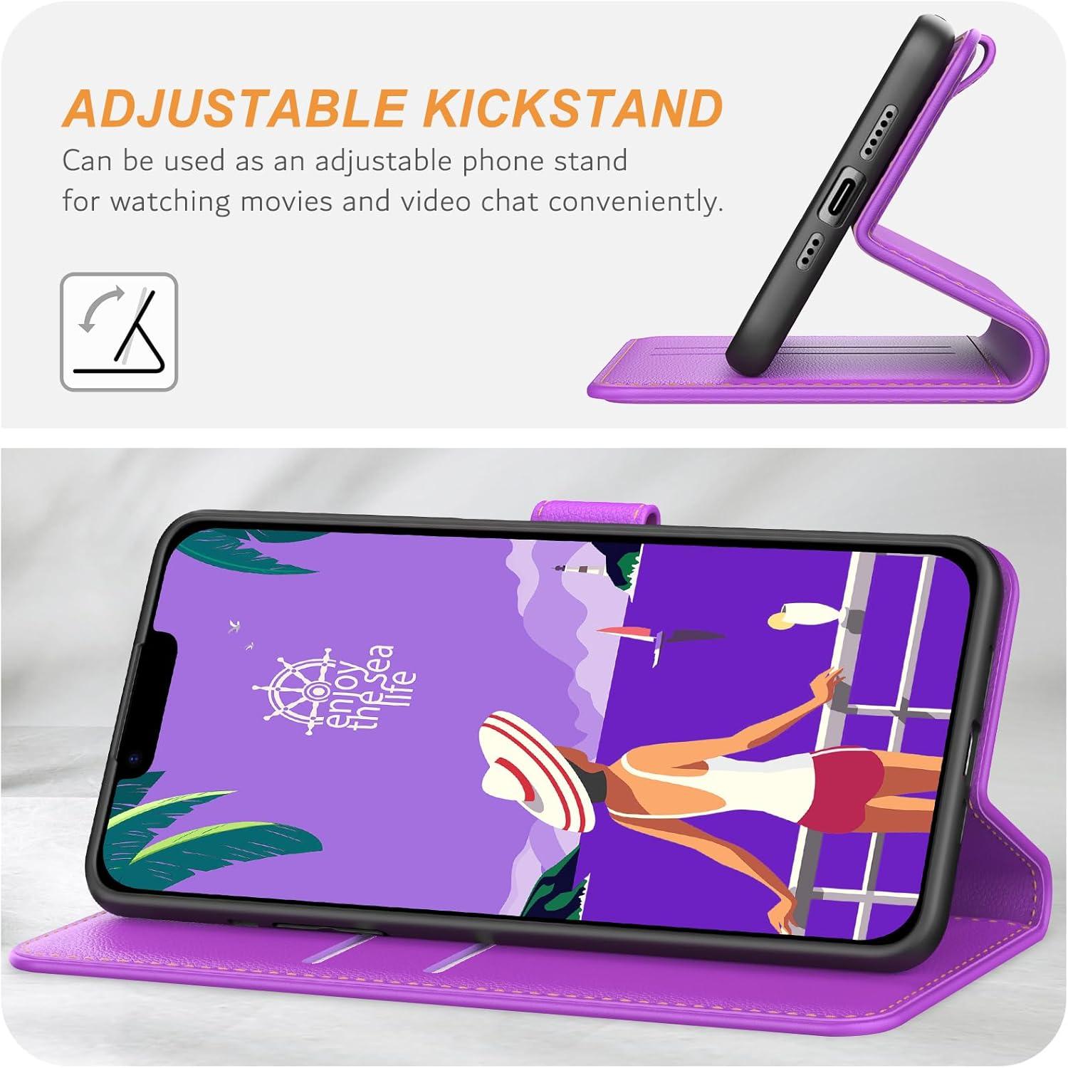 Leder Handyhülle für iPhone 14/13, Violett, Kartenschlitze, Magnetverschluss
