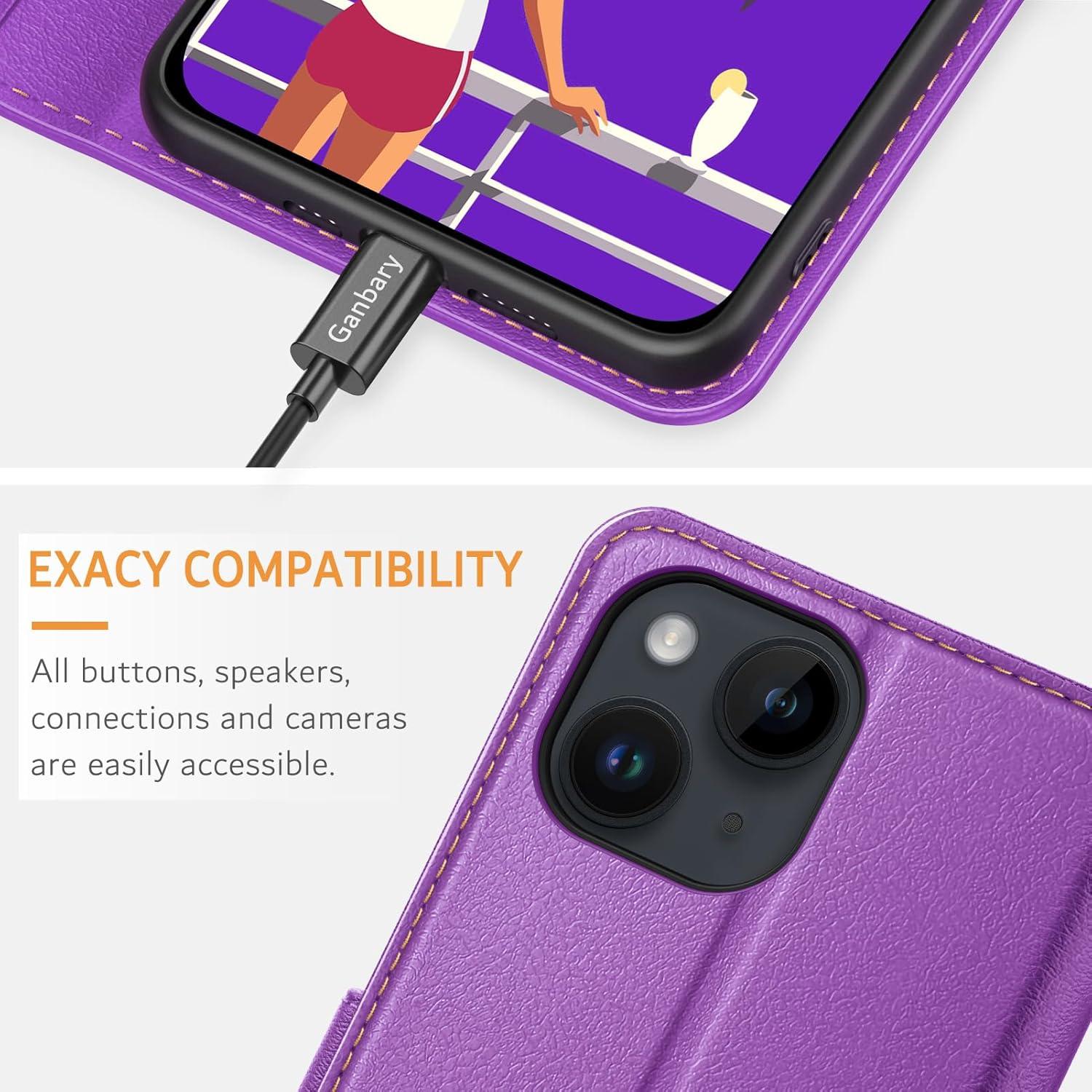 Premium iPhone 14/13 Leder Klapphülle Violett - Kartenschlitze Magnet