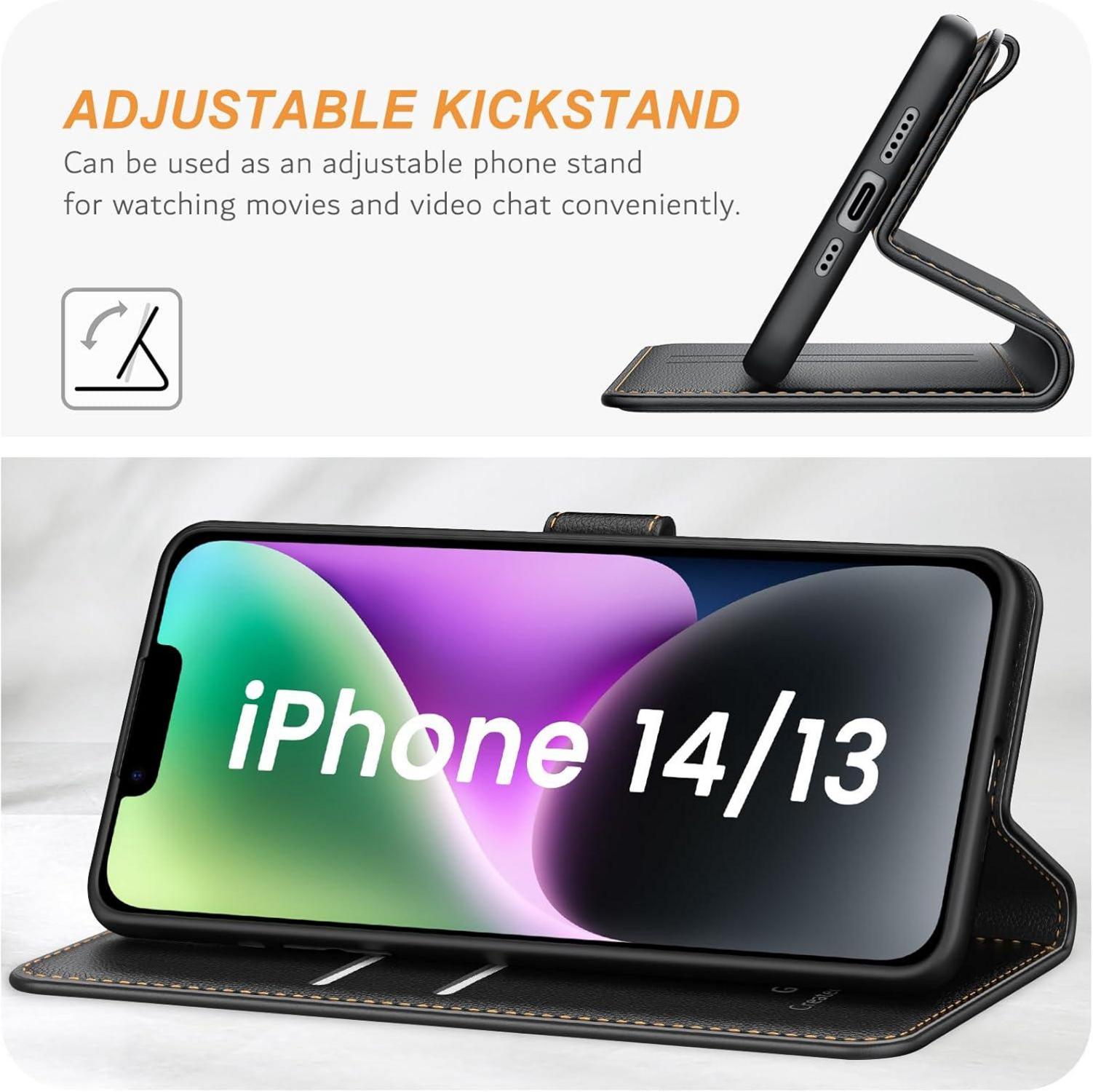 Ganbary iPhone 14 / 13 Leder Handyhülle mit Kartenschlitzen Schwarz