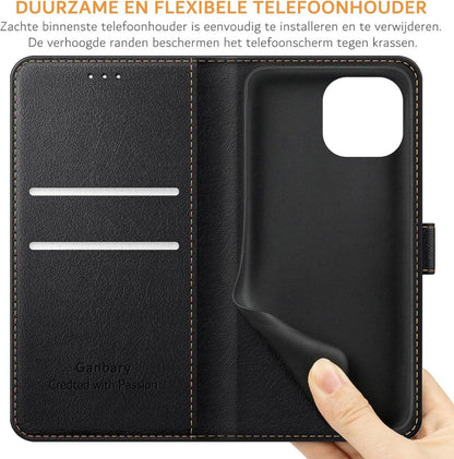 Handyhülle für iPhone 14/13 - Leder Klapphülle - Schwarz