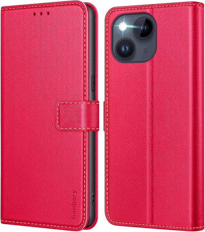 iPhone 14 / 13 Handyhülle Premium Leder Klapphülle Rot Magnet