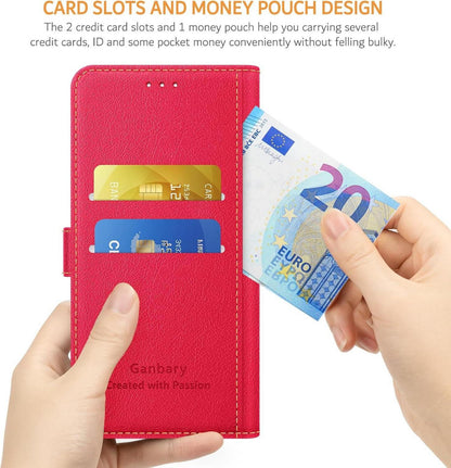iPhone 14 / 13 Handyhülle Premium Leder Klapphülle Rot Magnet