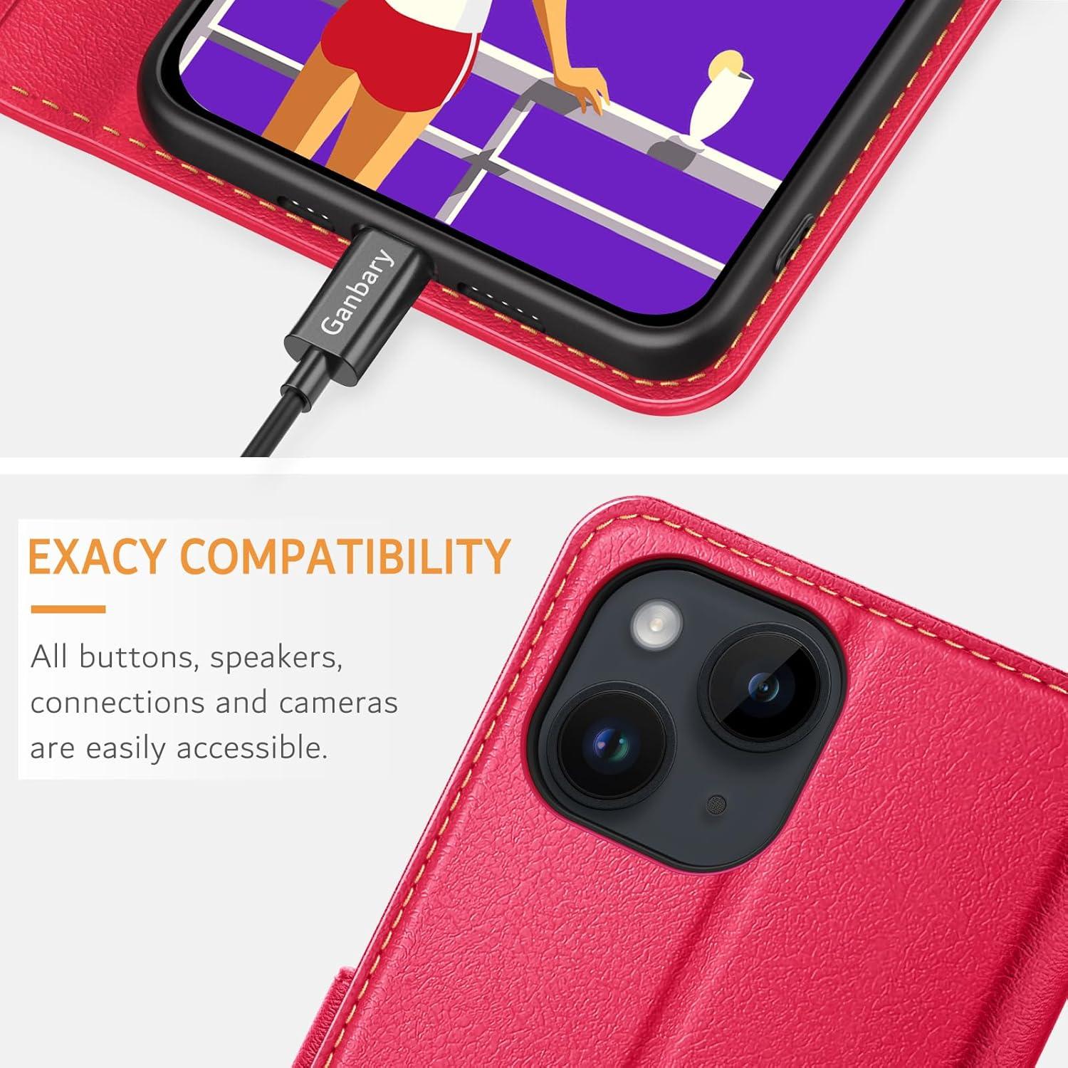 Leder Handyhülle iPhone 14 13 Klapphülle Rot Standfunktion