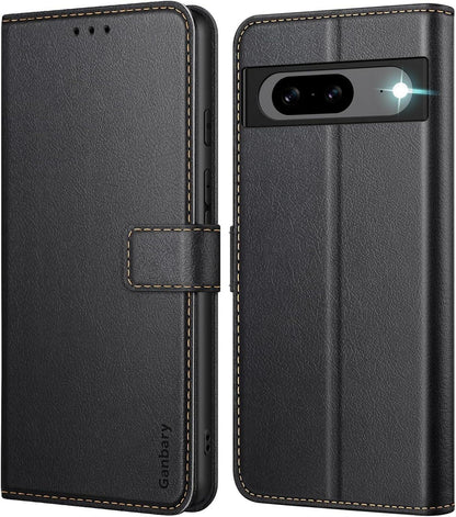 Google Pixel 8a Leder Handyhülle mit Standfunktion - Schwarz