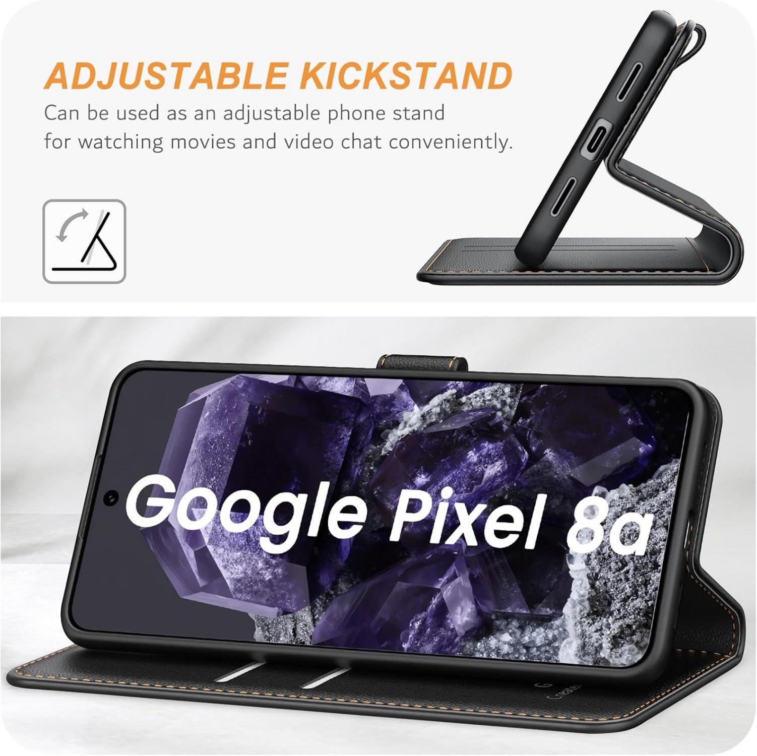 Google Pixel 8a Handyhülle Leder Klapphülle mit Kartenschlitzen Schwarz