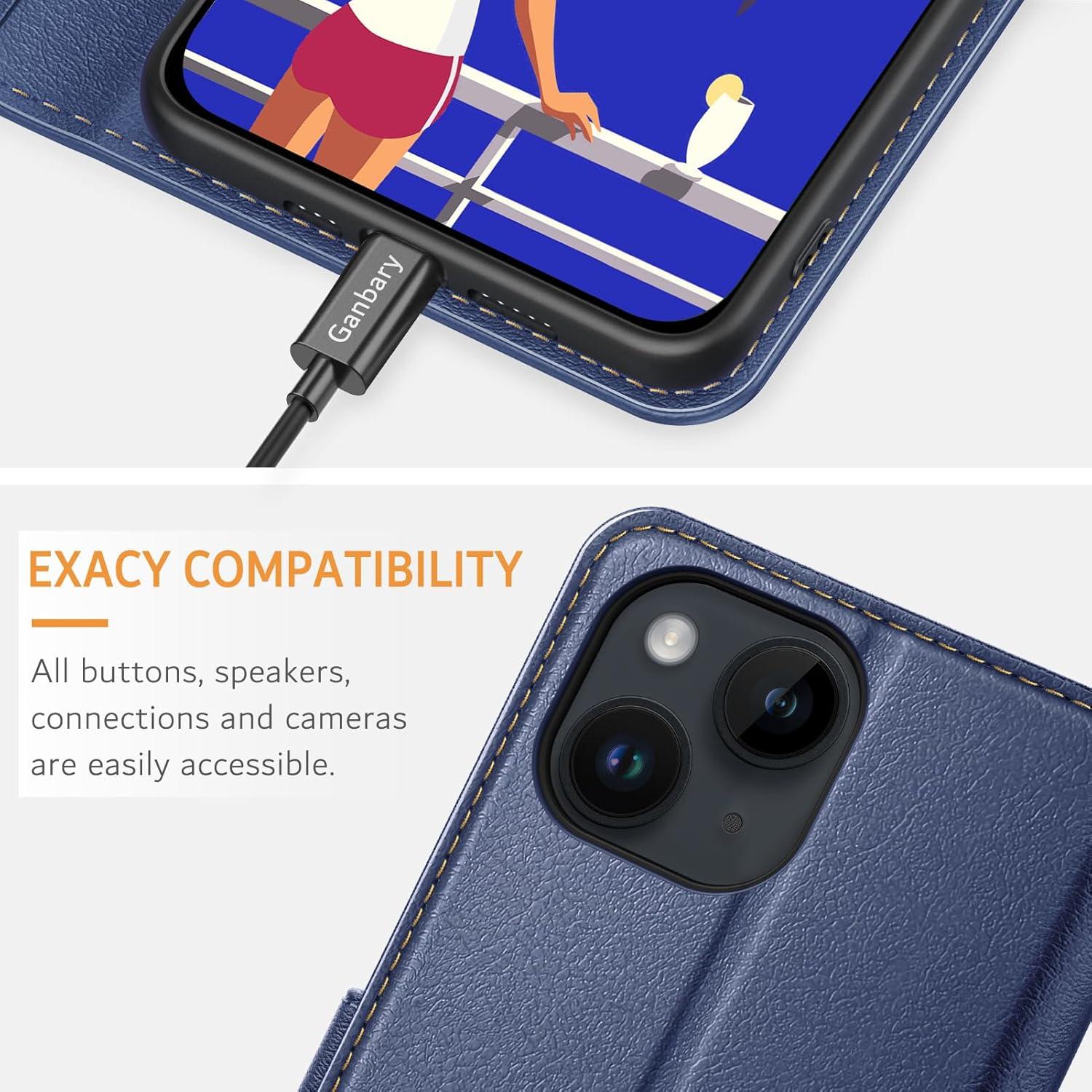 iPhone 14 13 Leder Handyhülle Blau Kartenschlitzen Magnet Standfunktion