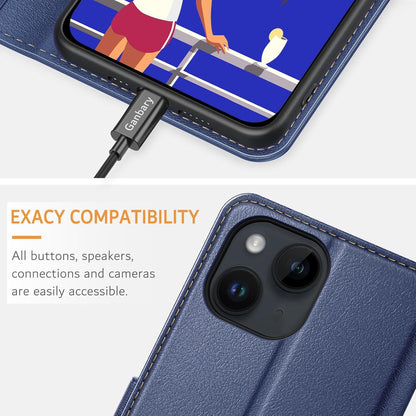 iPhone 14 13 Leder Handyhülle Blau Kartenschlitzen Magnet Standfunktion