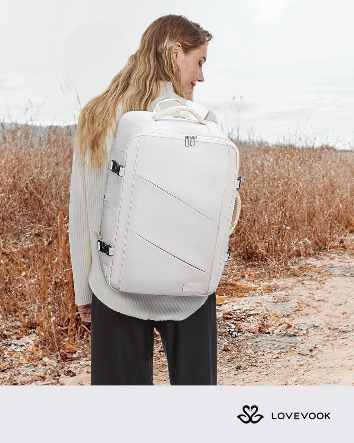 Handgepäck Rucksack 40L Damen Laptop 17,3 Zoll Reiserucksack Beige