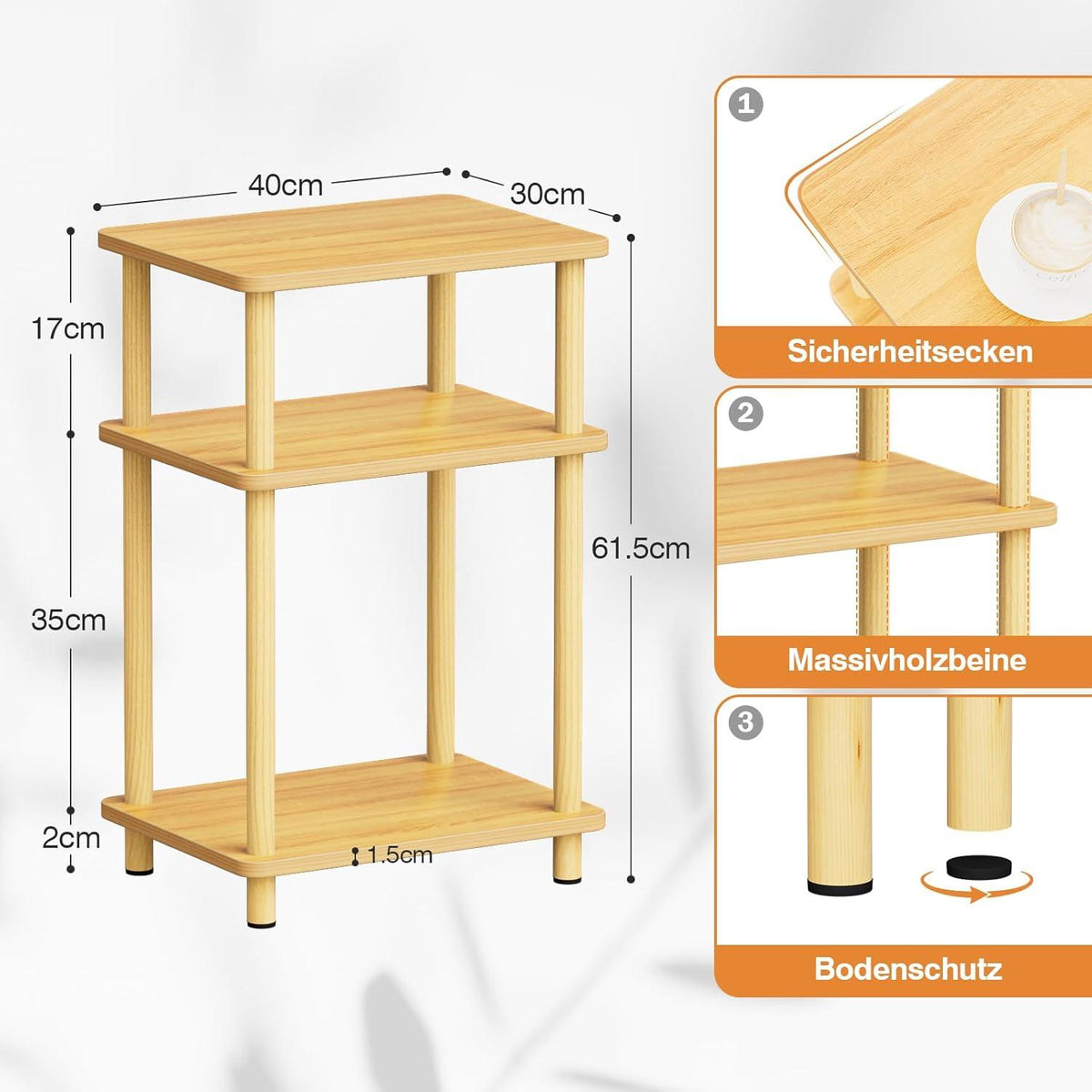 Modernes 3 Tier Beistelltisch Holz 40x30x61.5cm Einfach Aufgebaut