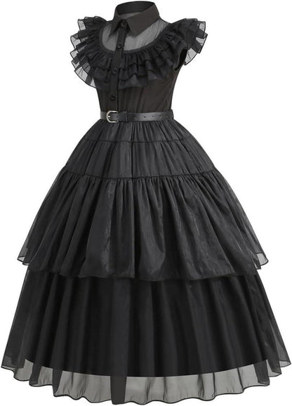 Mädchen Wednesday Kostüm Kinder Deluxe Schwarzes Kleid Set Halloween Gr. L