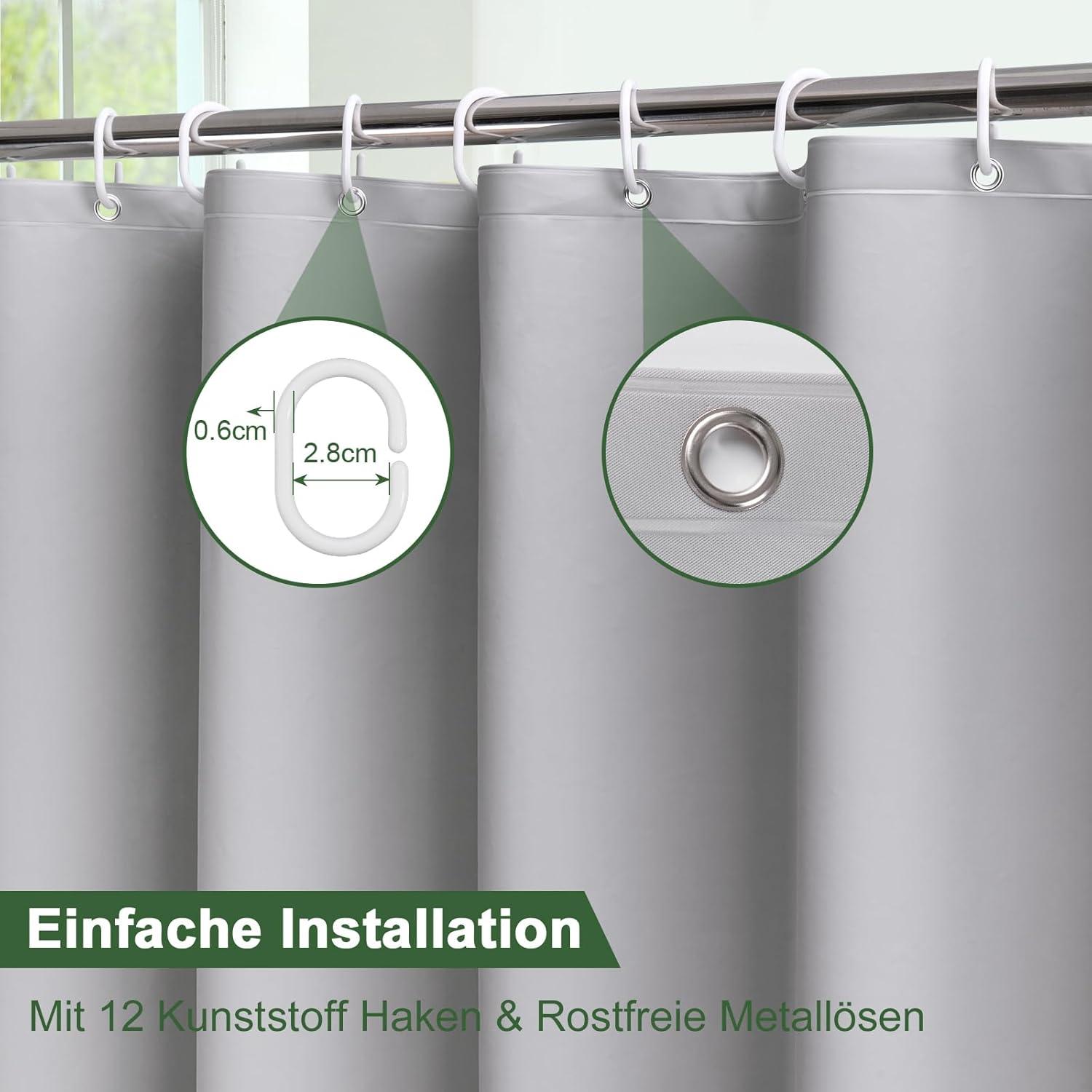 Duschvorhang Hellgrau 180x200 Wasserdicht Antischimmel +12 Ringe +3 Steine