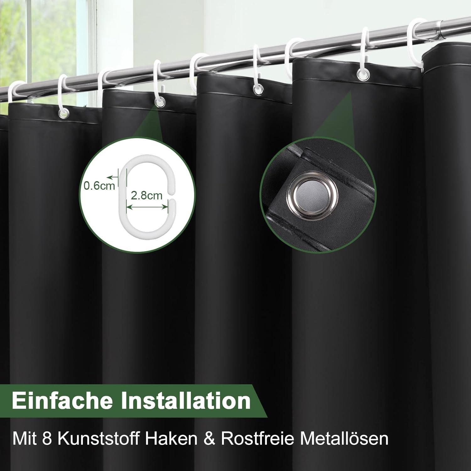 Duschvorhang Schwarz 120x200 Wasserdicht Antischimmel mit 8 Ringen aus
