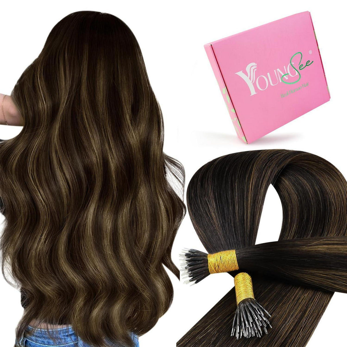 Echthaar Nanoring Extensions Ombre Braun 45cm
