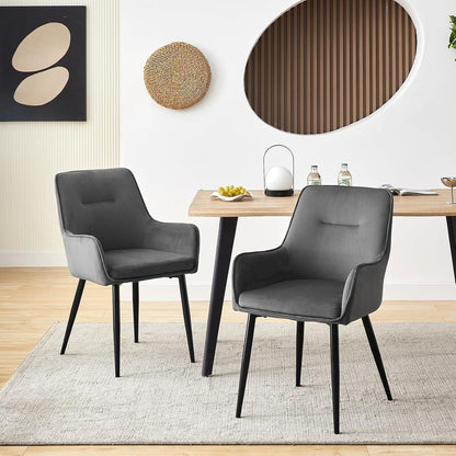 Samt Esszimmerstühle 2er-Set mit Armlehnen & Kissen, Grau