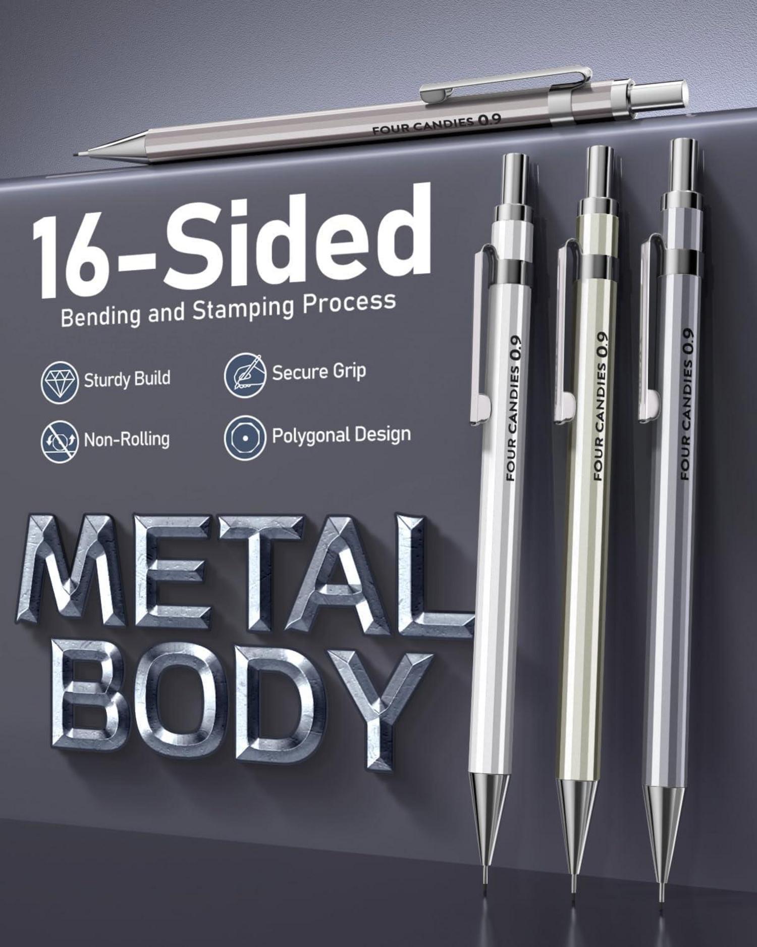 Professionelles 0,9 mm Druckbleistift-Set, Metall, 4