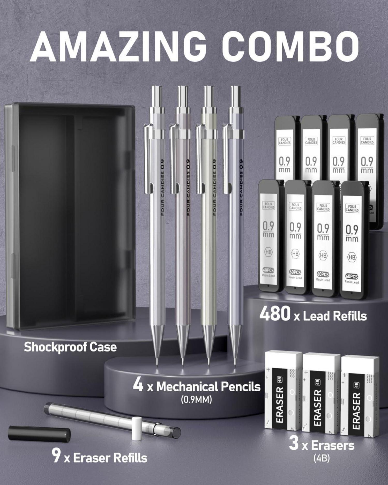 Druckbleistift Set, 4 Stück Metall 0,9mm HB #2 Blei, 3 4B Radiergummi