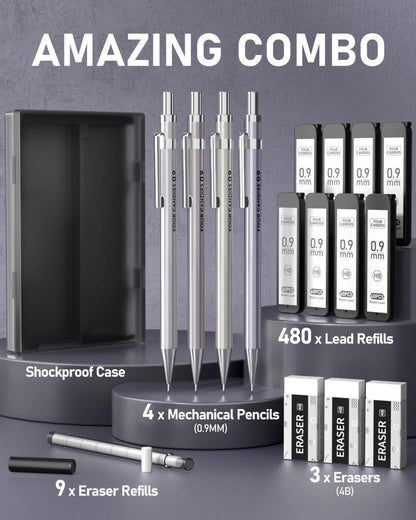 Druckbleistift Set, 4 Stück Metall 0,9mm HB #2 Blei, 3 4B Radiergummi