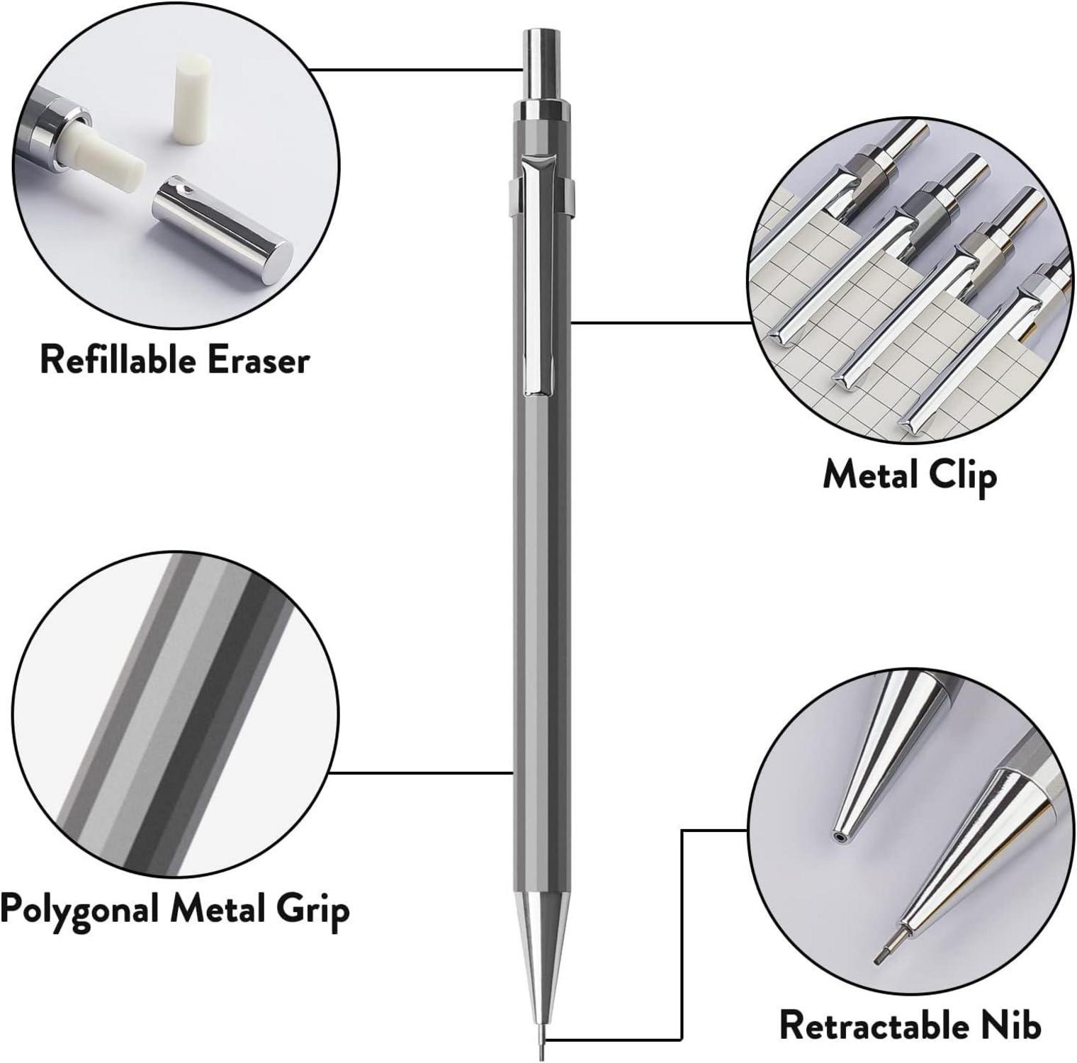 4 Stück Metall Druckbleistift Set 0,9mm Minen, HB #2 Blei, 4B Radiergummi