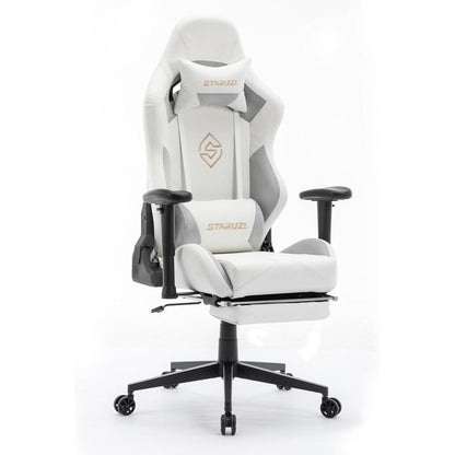 Gaming Stuhl Weiß mit Fußstütze verstellbare Armlehnen in Lederoptik