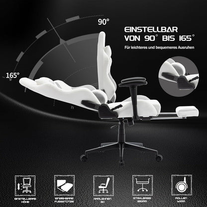 Gaming Stuhl Weiß mit Fußstütze verstellbare Armlehnen in Lederoptik