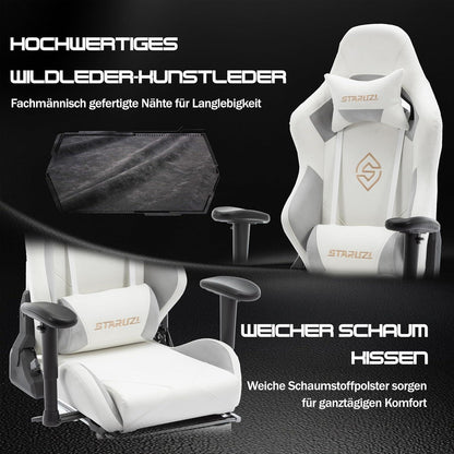 Gaming Stuhl Weiß mit Fußstütze verstellbare Armlehnen in Lederoptik