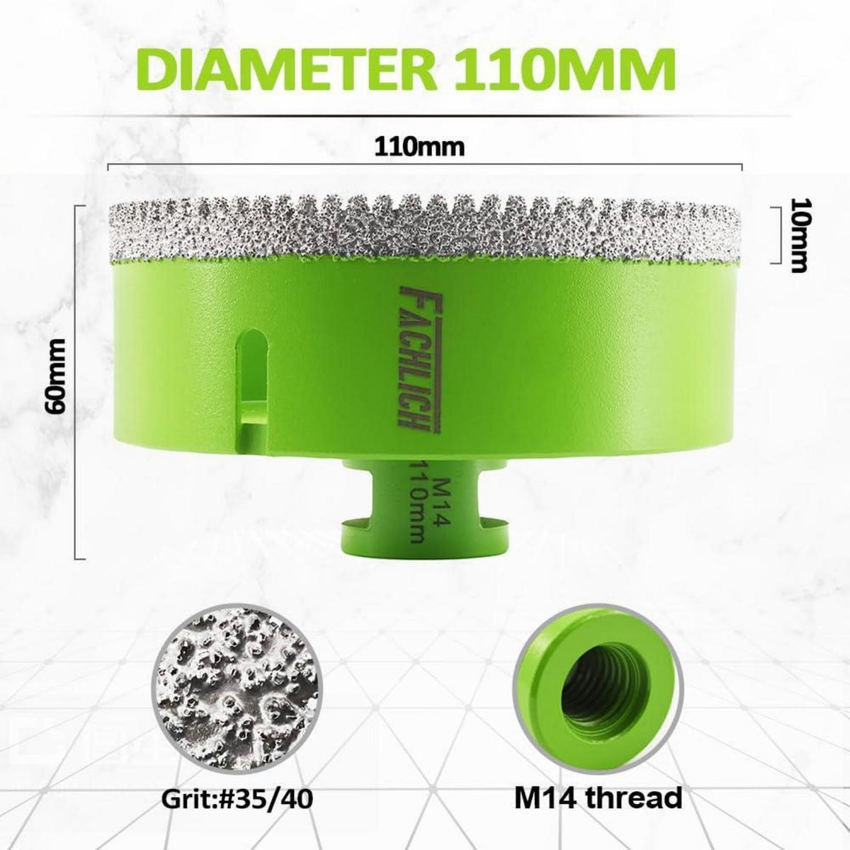 Diamantbohrer 110mm M14 für Fliesen, Granit, Marmor