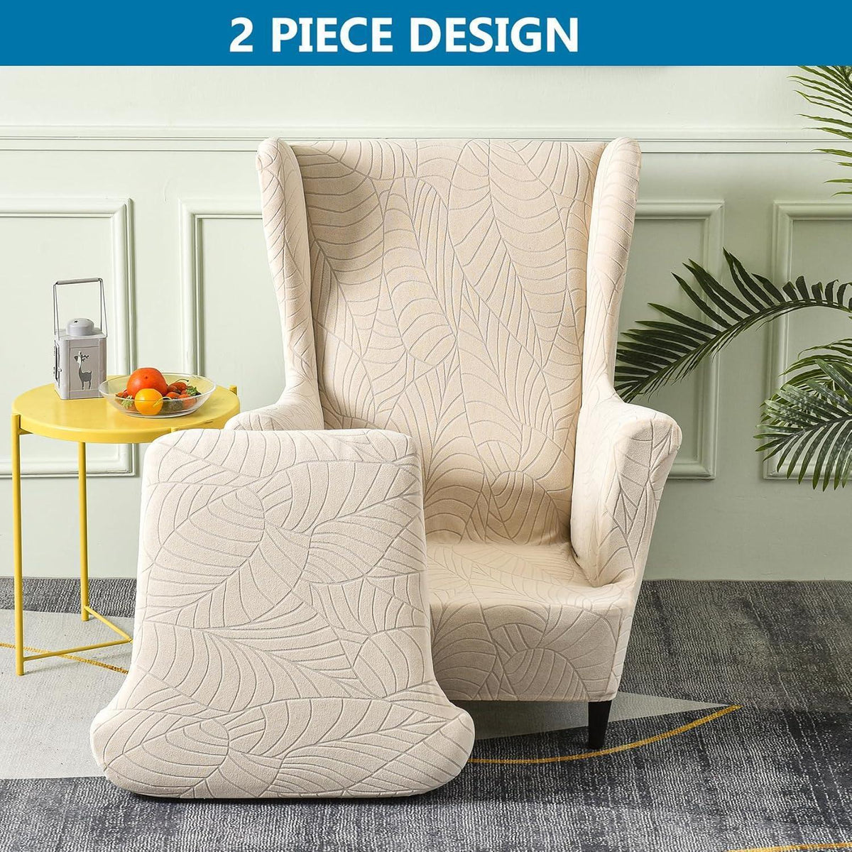 Ohrensessel Überzug 2-teilig – Beiger Jacquard, Modern & Elastisch