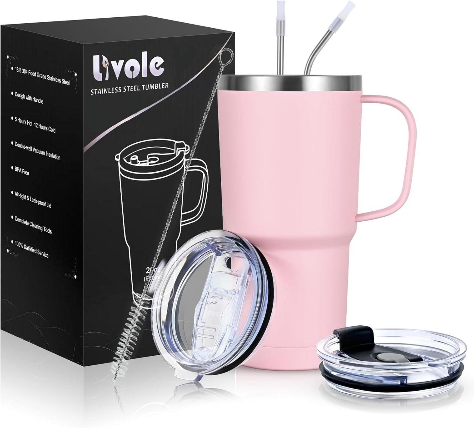 Thermobecher 600ml Vakuum Edelstahl Trinkbecher mit Strohhalm