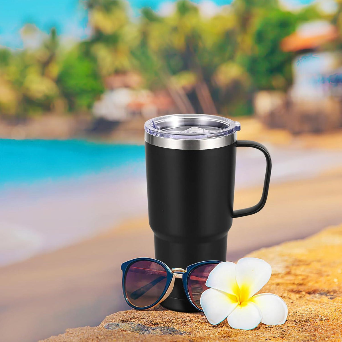 Livole 600ml Thermobecher mit Henkel Vakuum Kaffeebecher Thermo Doppelwandig Schwarz
