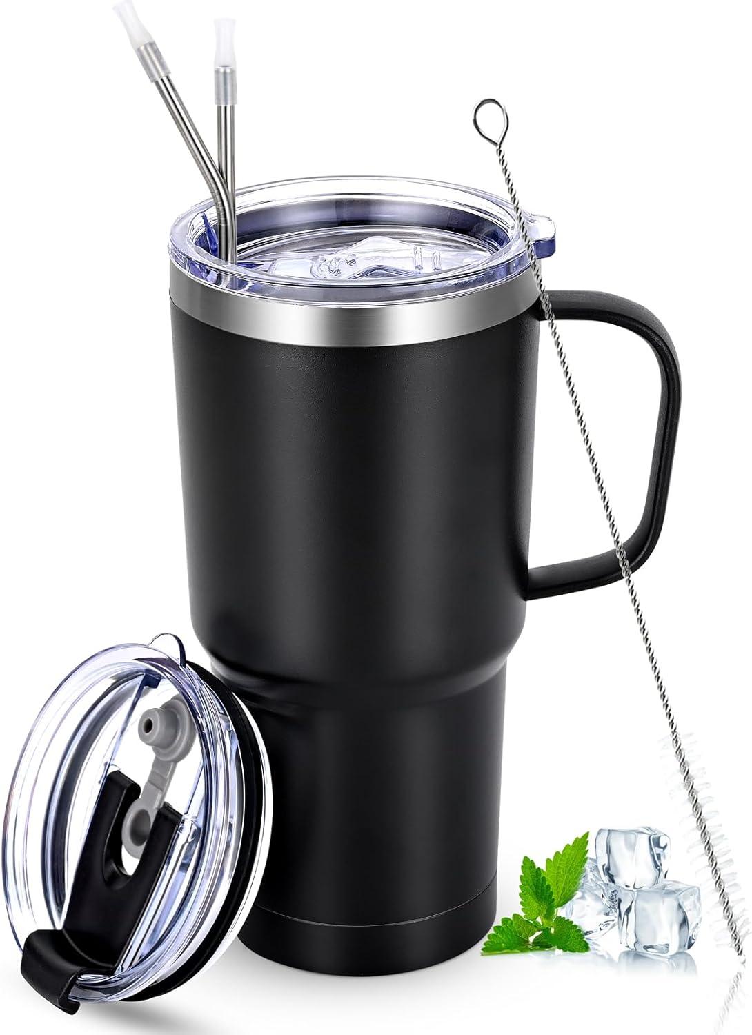 Livole 600ml Thermobecher mit Henkel Vakuum Kaffeebecher Thermo Doppelwandig Schwarz