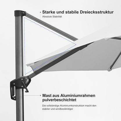 Hochwertiger Ampelschirm 300x300cm mit Kurbel, UV50+ Schutz, Aluminiumgestell