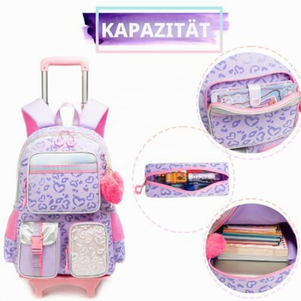 Kinder Trolley Rucksack mit Rädern Lila Herz Schulrucksack Set