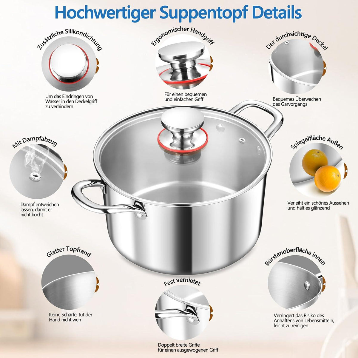 Kochtopf 24cm 3-Lagen Edelstahl mit Glasdeckel 5,7L für alle Herdarten